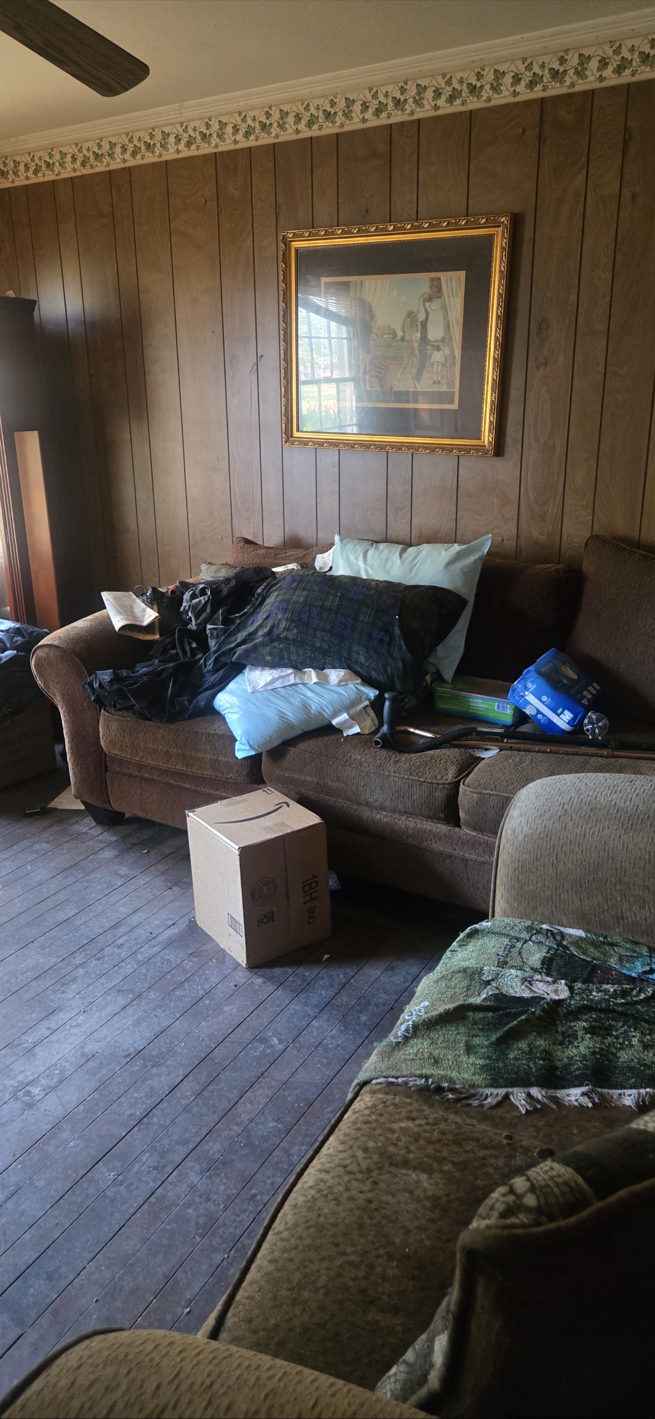 Living room crowded with sofas, pillows, boxes, and household items before removal
